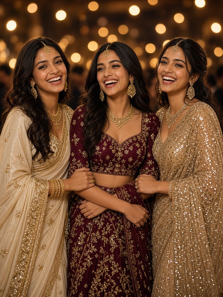Three models in festive sarees and a lehenga laughing together at an awards night