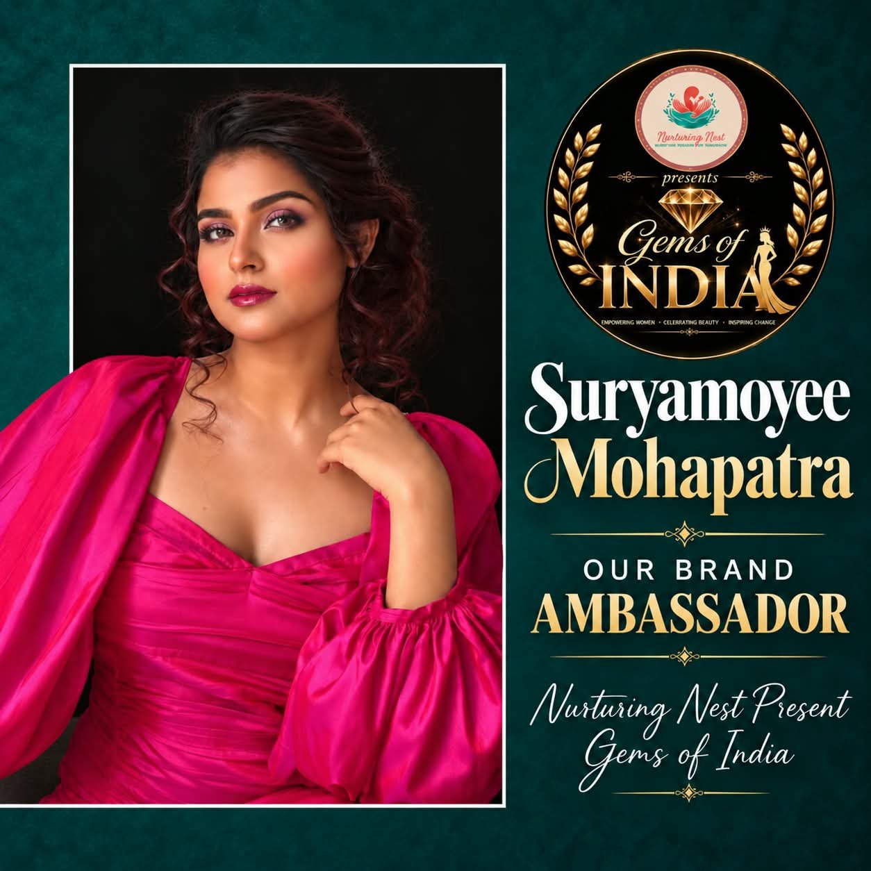 Suryamoyee Mohapatra in a pink gown on the Gems of India brand ambassador poster